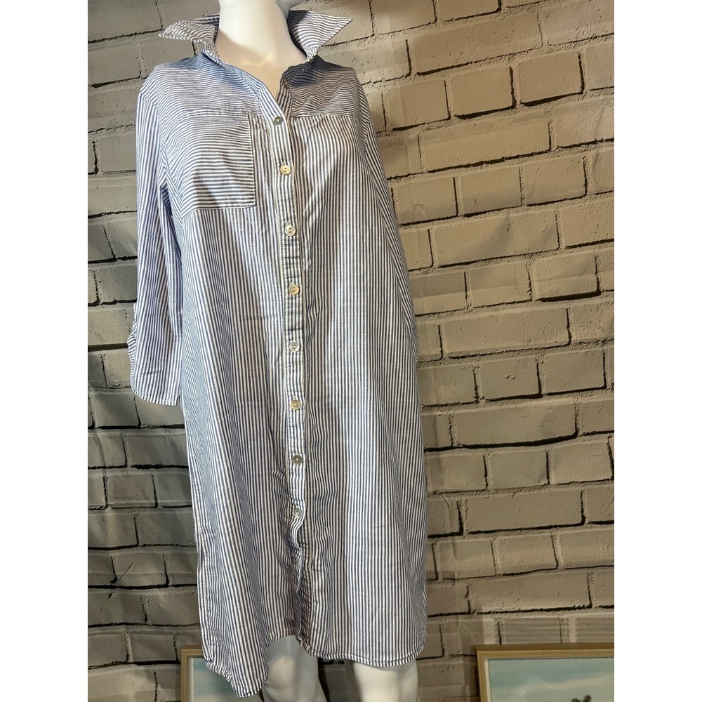 Parallel Skies Blue White Striped Button Down Shirt Dress Medium Roll Tab Sleeve